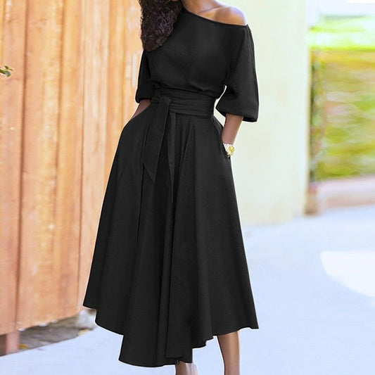Off-Shoulder Waist Tie Midi Dress