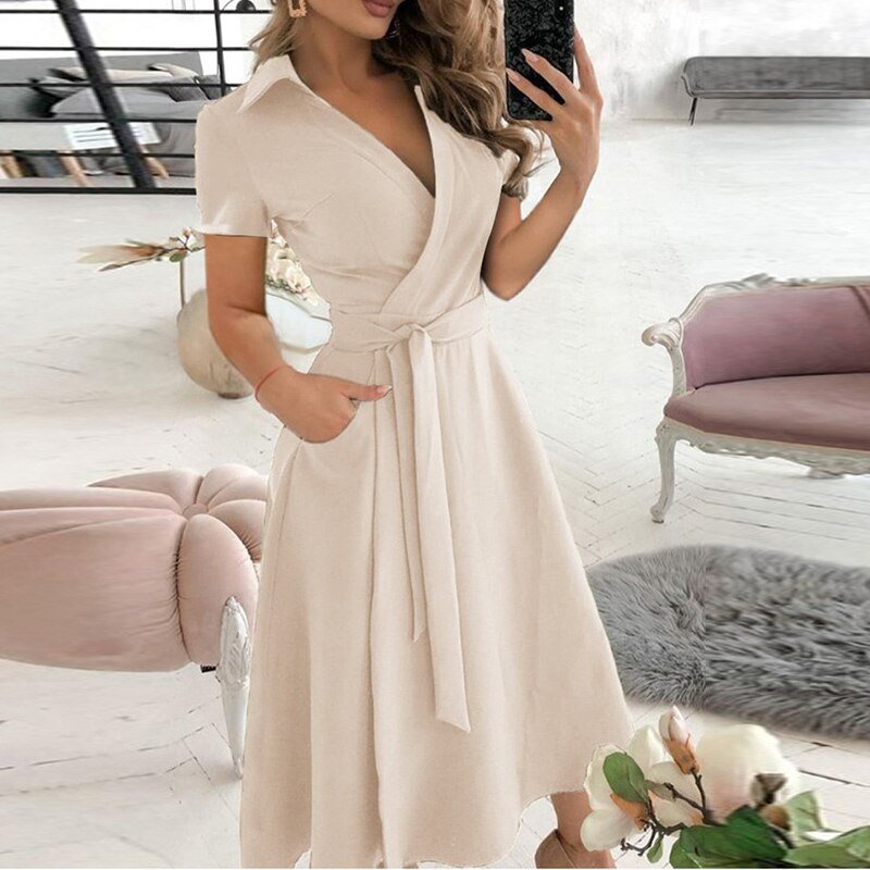 Women's Off-Shoulder Midi Dress - A-Line Silhouette - Waist Tie - Half Sleeve