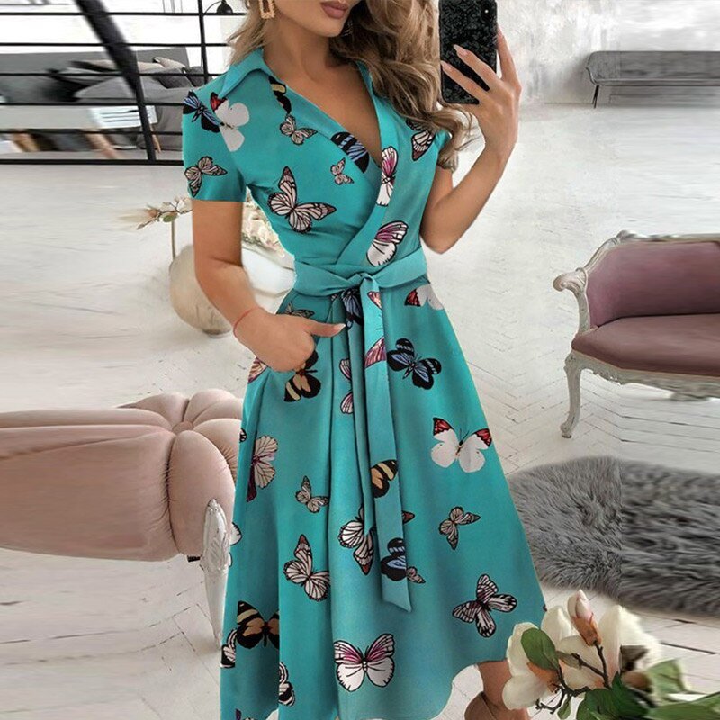 Women's Off-Shoulder Midi Dress - A-Line Silhouette - Waist Tie - Half Sleeve