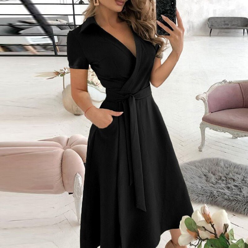 Women's Off-Shoulder Midi Dress - A-Line Silhouette - Waist Tie - Half Sleeve