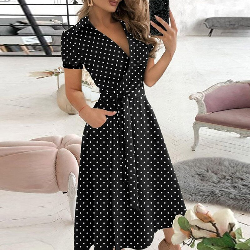 Women's Off-Shoulder Midi Dress - A-Line Silhouette - Waist Tie - Half Sleeve