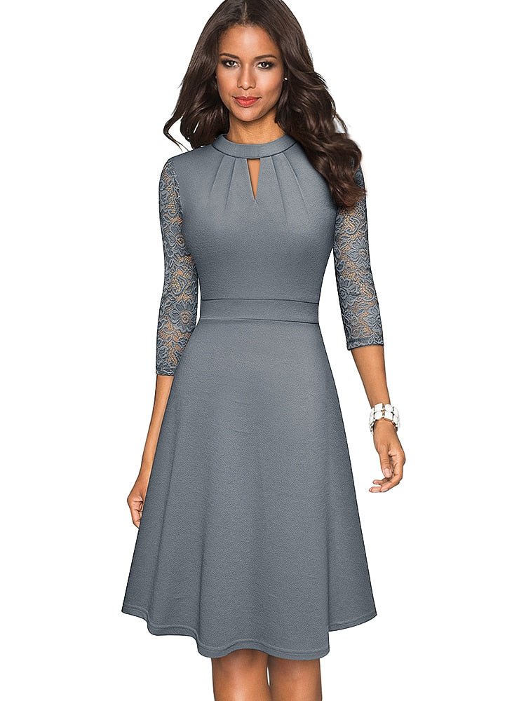 Women's A-Line Dress - High Neck - Lace 3/4 Sleeves - Elegant Semi-Formal Wear