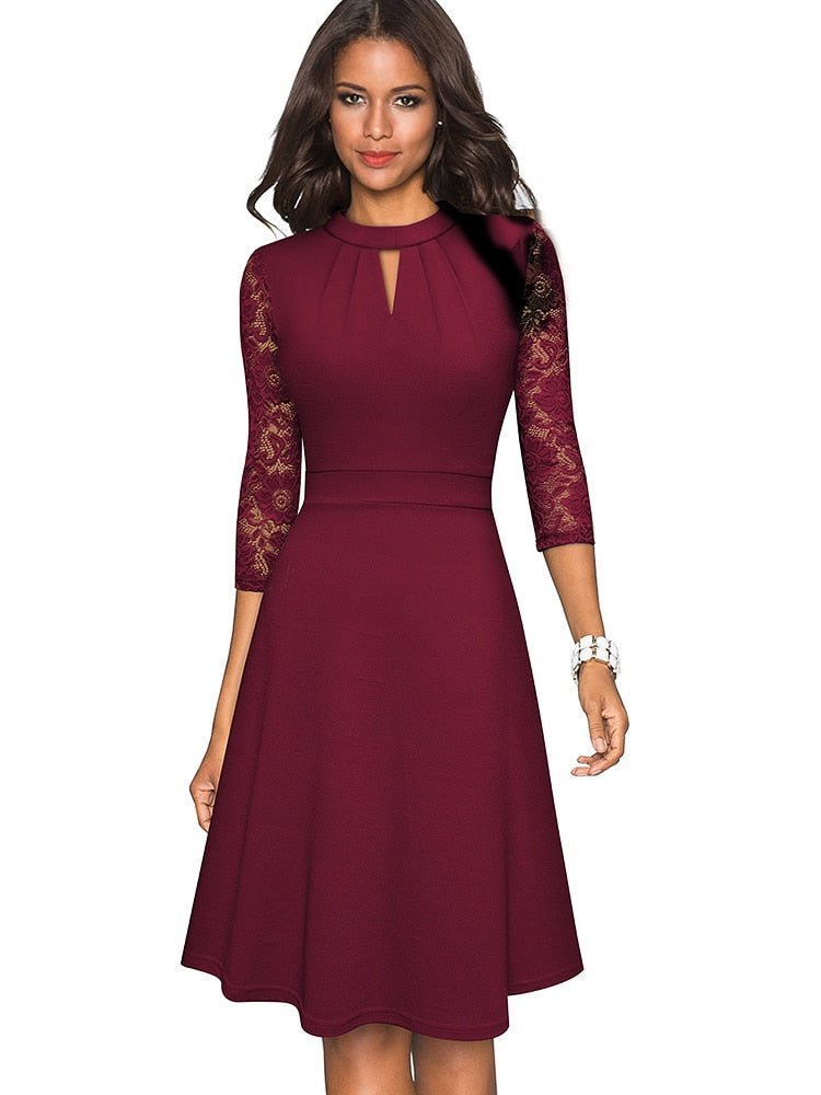 Women's A-Line Dress - High Neck - Lace 3/4 Sleeves - Elegant Semi-Formal Wear