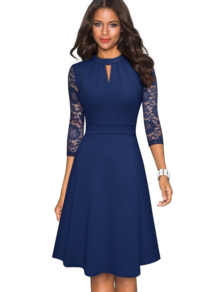 Women's A-Line Dress - High Neck - Lace 3/4 Sleeves - Elegant Semi-Formal Wear