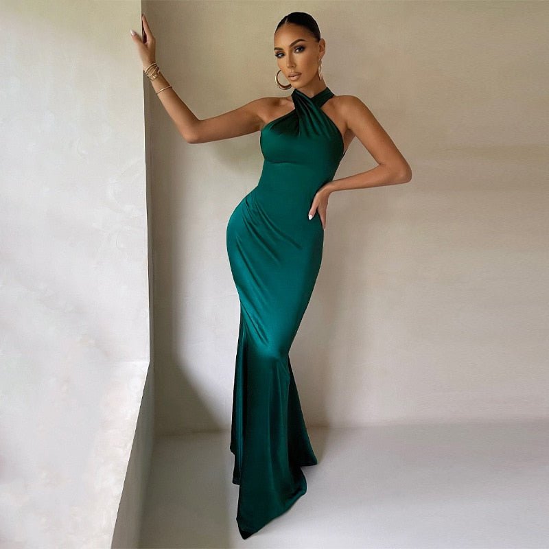 Women's Evening Gown - Halter Neckline - Floor-Length Satin Elegant Formal Wear