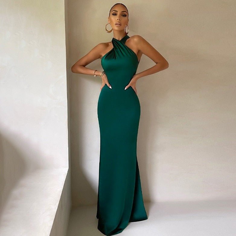 Women's Evening Gown - Halter Neckline - Floor-Length Satin Elegant Formal Wear