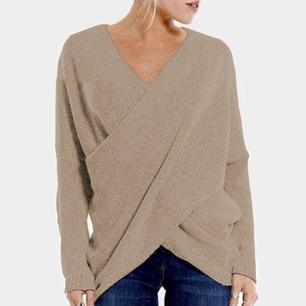 Women’s Pullover – Ribbed Knit – Relaxed Fit – Long Sleeve V-Neck Crossover