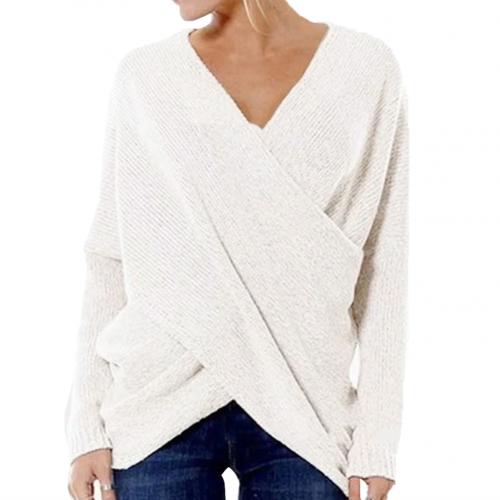 Women’s Pullover – Ribbed Knit – Relaxed Fit – Long Sleeve V-Neck Crossover