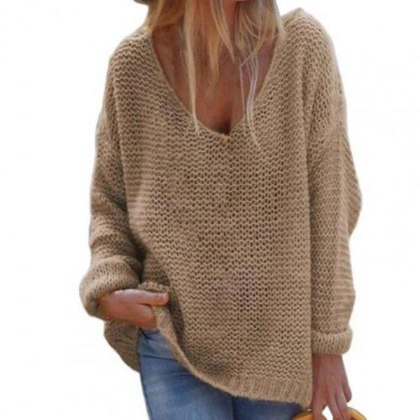 Women’s Knit Top – Oversized Fit – Deep V-Neck – Ribbed Texture – Long Sleeve