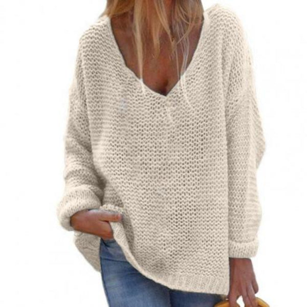 Women’s Knit Top – Oversized Fit – Deep V-Neck – Ribbed Texture – Long Sleeve