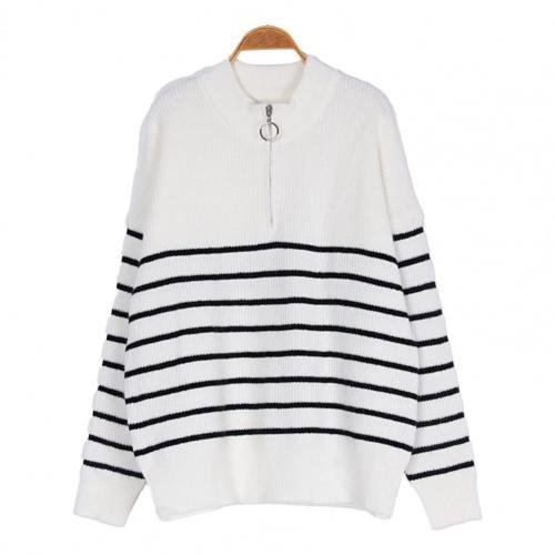 Women's high neck striped color-block half-zip pullover knit top