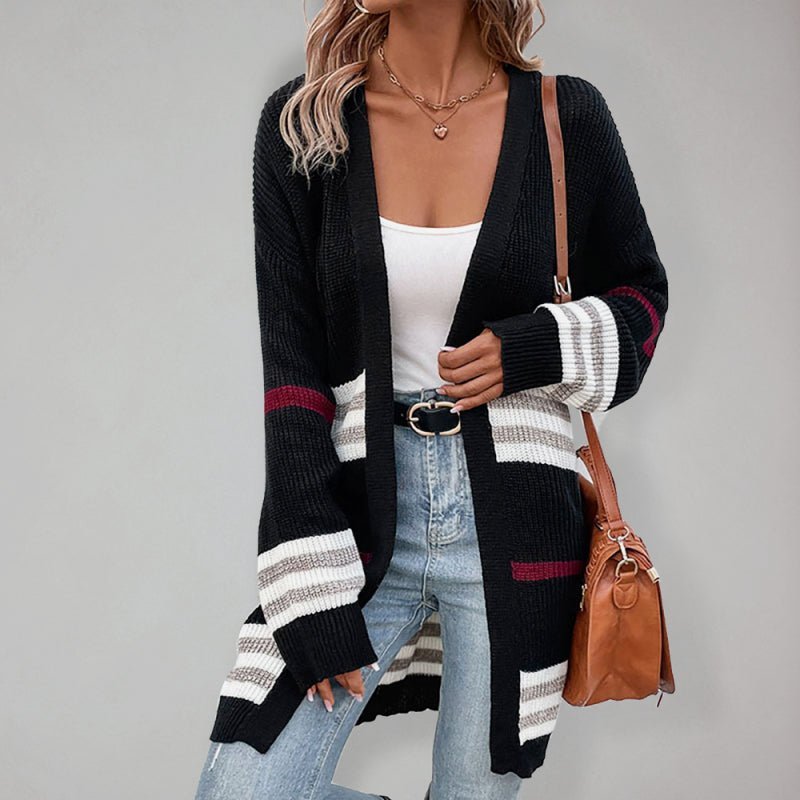 Nova - women's collarless striped open-front long cardigan