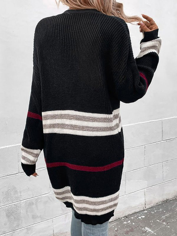 Nova - women's collarless striped open-front long cardigan