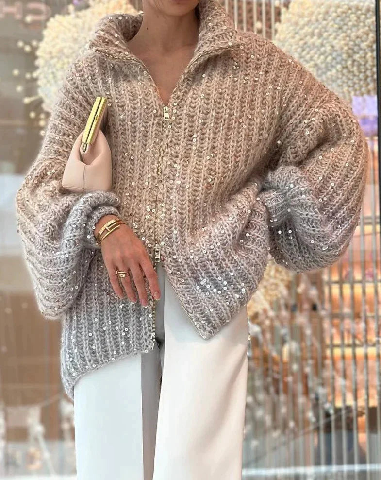 Women's loose v-neck coat with beads