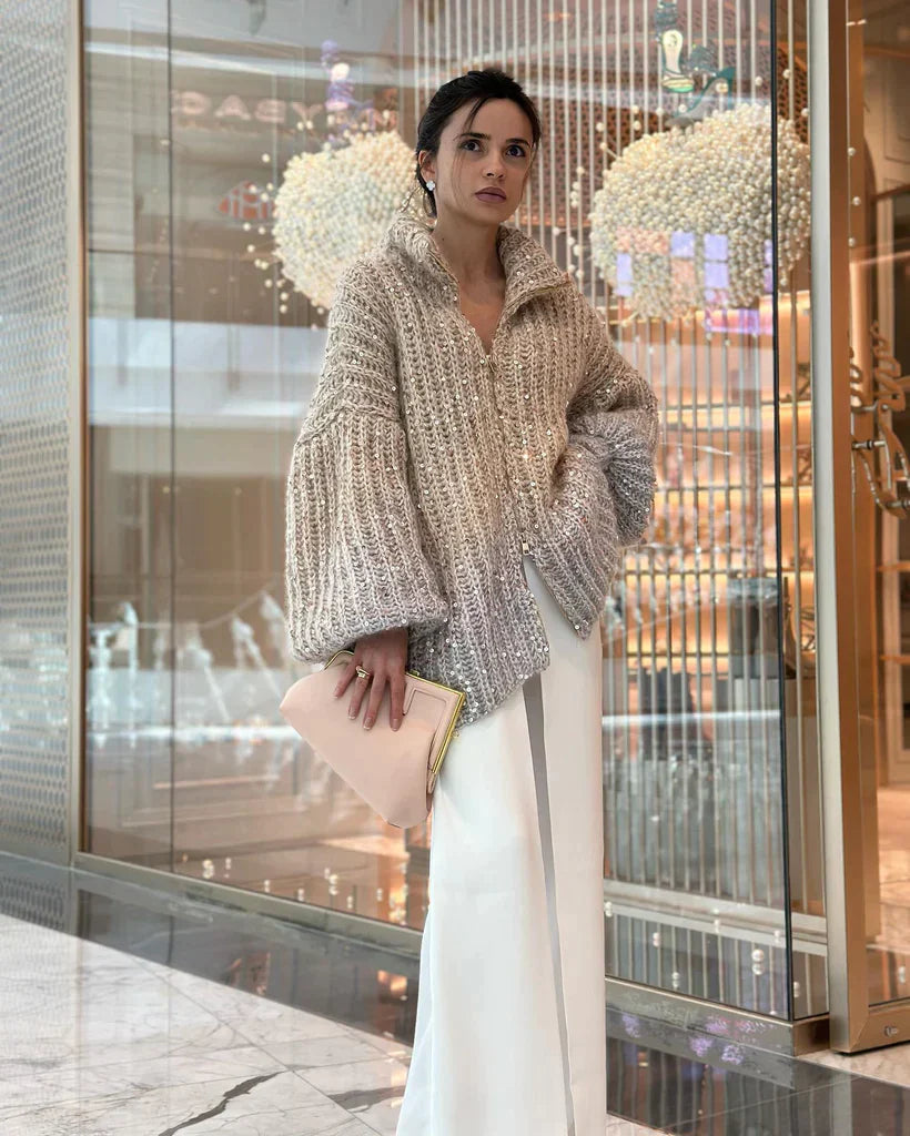 Women's loose v-neck coat with beads