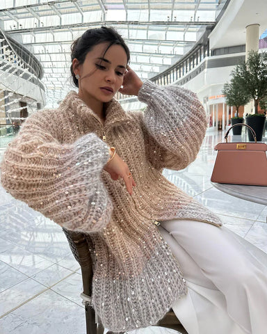 Women's loose v-neck coat with beads