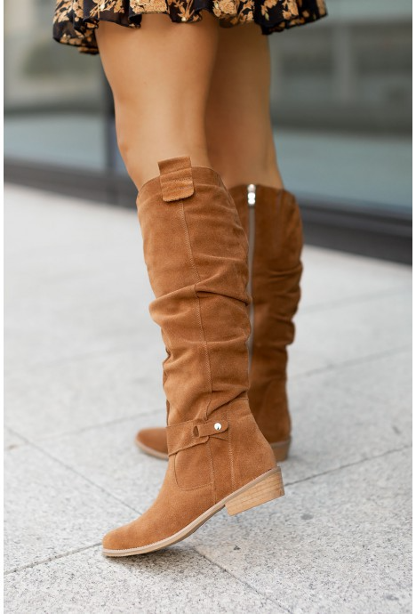 Women's low-heel round-toe boots with side zipper and metal buckle