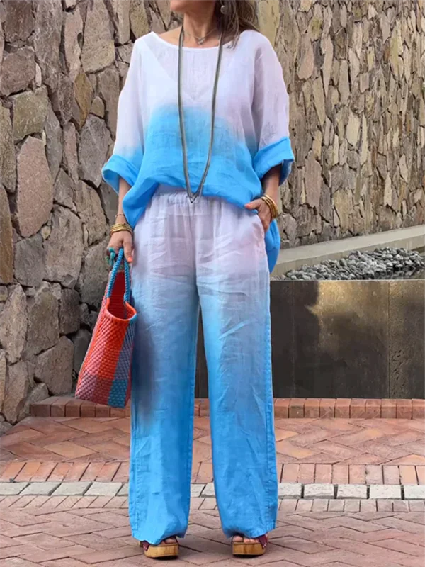Women's Outfit - Relaxed Fit Top & Wide-Leg Pants - Breathable & Lightweight