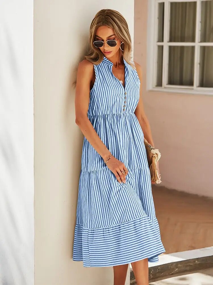 Women’s Sleeveless Vintage Boho Striped Summer Dress