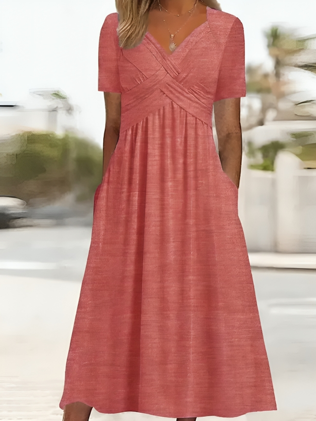 Women's V-Neck Dress - Elegant A-Line - Short Sleeve with Pockets - Flowy Fit