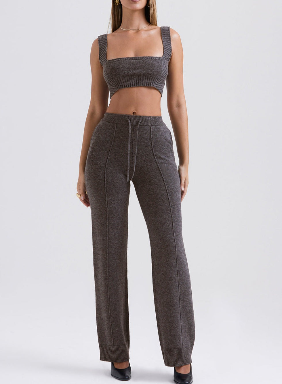 Women's Knitted Bralette - Cropped Square Neck - Wide Straps Ribbed Hem
