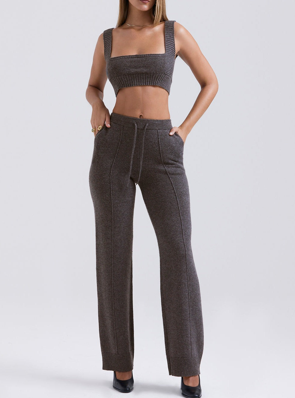 Women's Knitted Bralette - Cropped Square Neck - Wide Straps Ribbed Hem