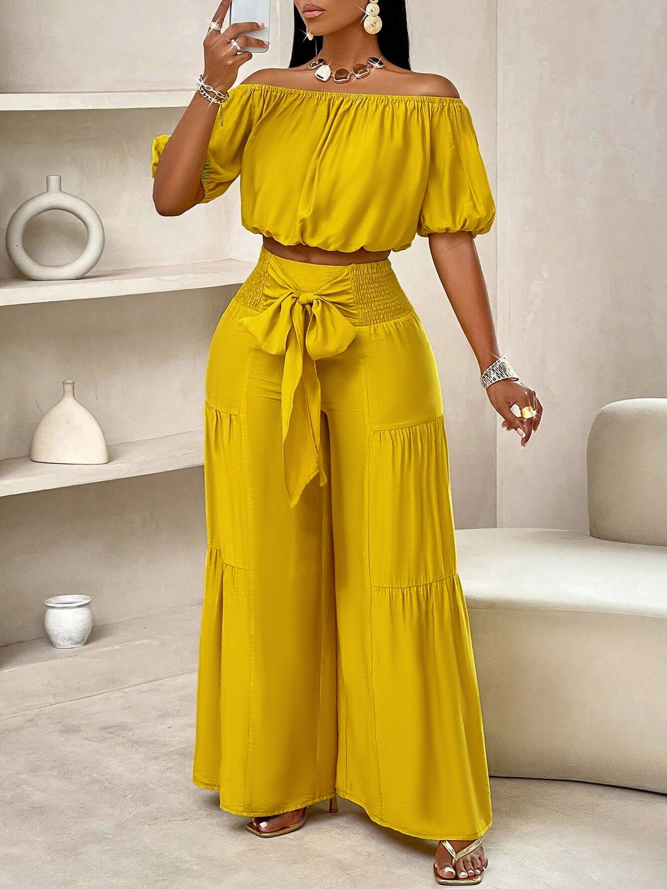 Off-shoulder puff sleeve crop top and wide-leg pants for women