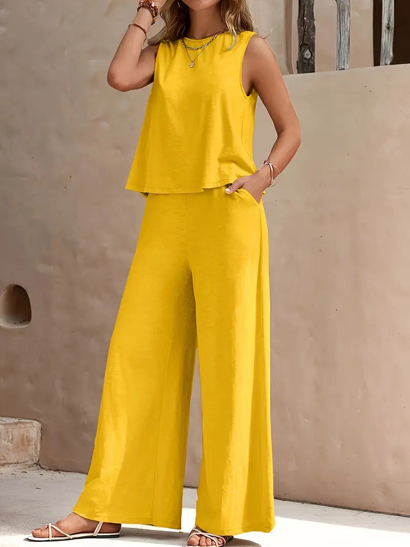 Women's Two-Piece Set - Sleeveless Loose-Fit Top & Wide-Leg Pants - Comfortable Wear