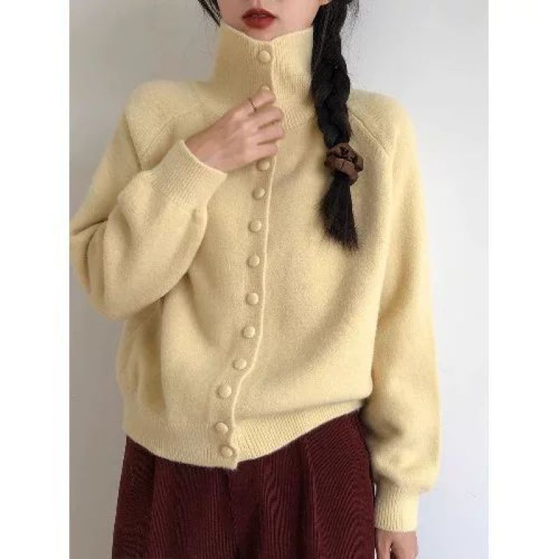 Button-Up High-Neck Knit Sweater