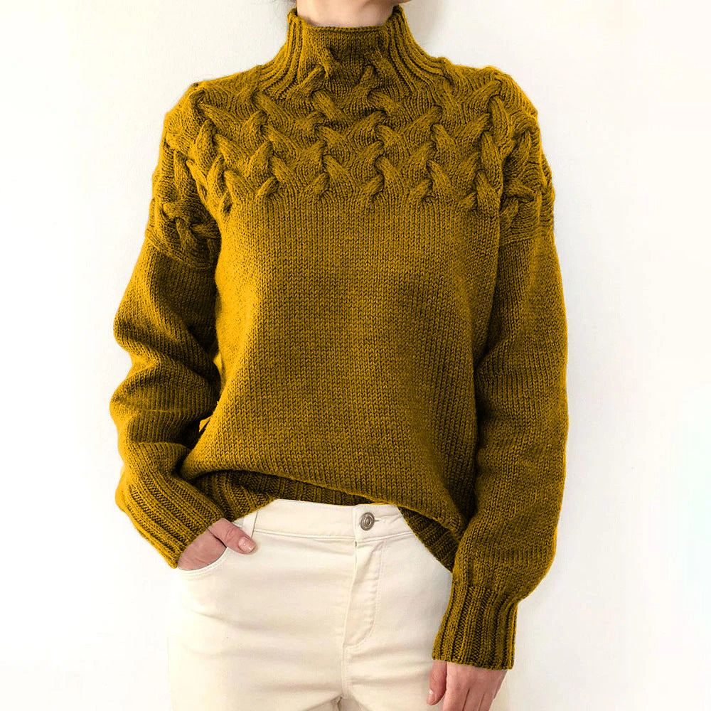 Women's high collar cable knit long sleeve sweater