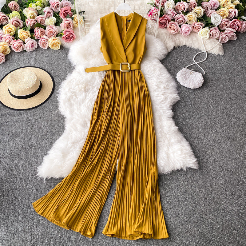 Women's Sleeveless Jumpsuit - Deep V-Neck - Pleated Wide-Leg - Belted Waist Elegant Fit
