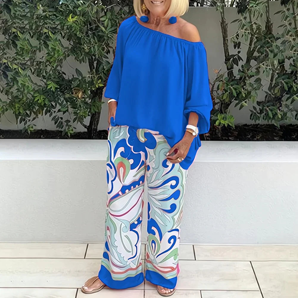 Women's casual printed pants and one-shoulder top set