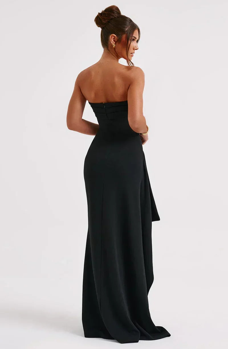 Women’s Off-Shoulder Evening Dress – Slim Fit – Ruched Bodice – High Slit – Floor Length