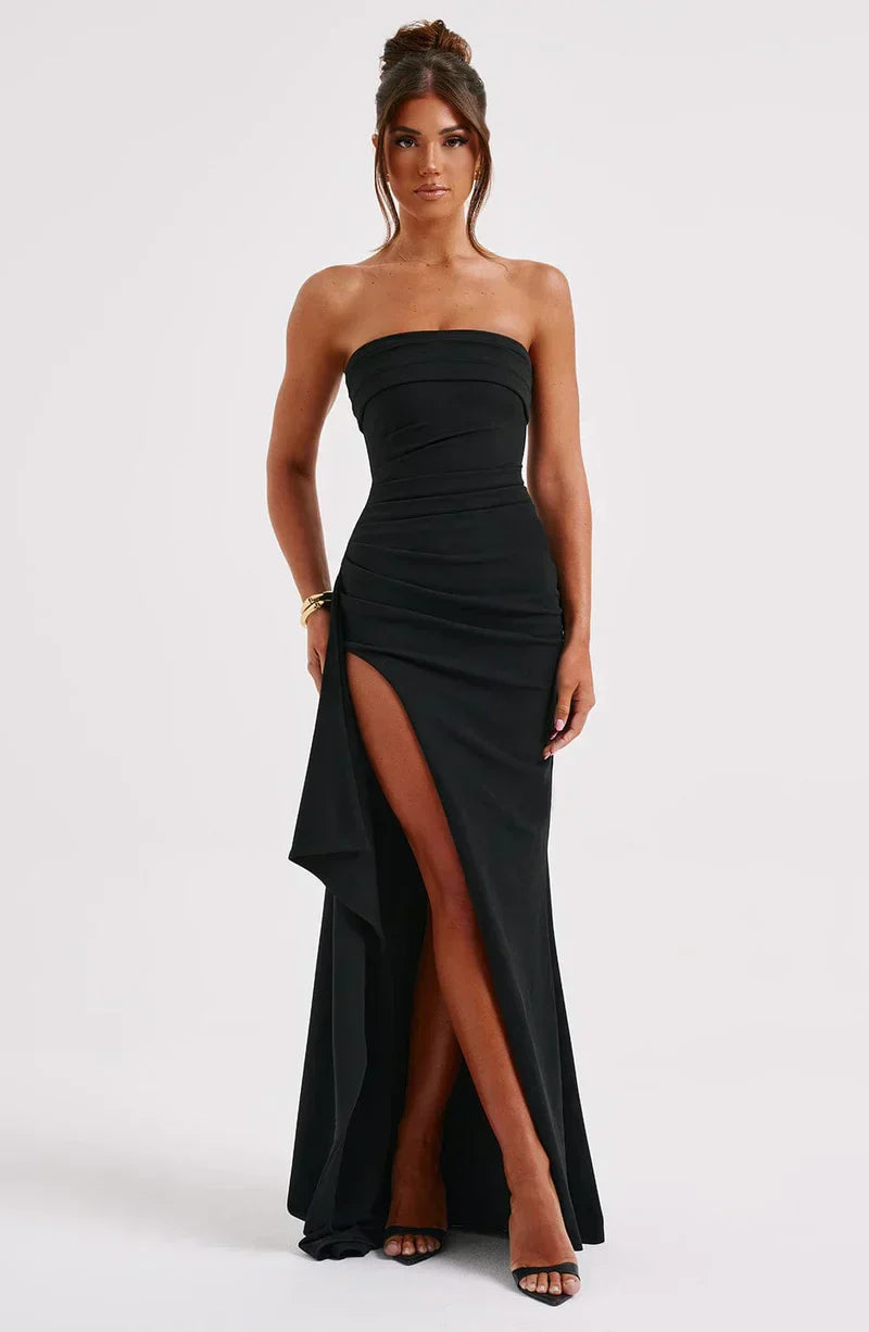 Women’s Off-Shoulder Evening Dress – Slim Fit – Ruched Bodice – High Slit – Floor Length