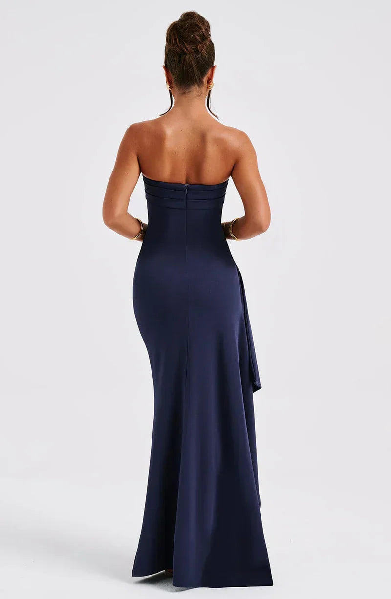 Women’s Off-Shoulder Evening Dress – Slim Fit – Ruched Bodice – High Slit – Floor Length