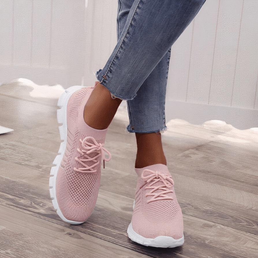 Women's Casual Sneakers - Breathable Knit Upper - Slip-On with Laces - Cushioned Sole