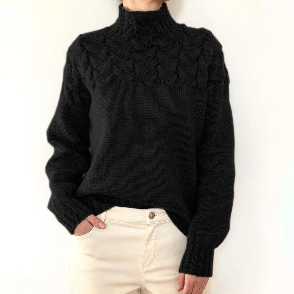 Women's high collar cable knit long sleeve sweater