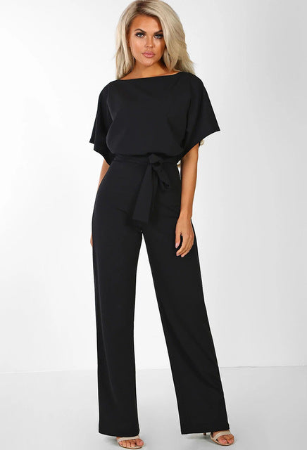 Women's Jumpsuit - Wide Leg Flowy Fit - Short Sleeve Boat Neck - Tie Waist Elegant Style