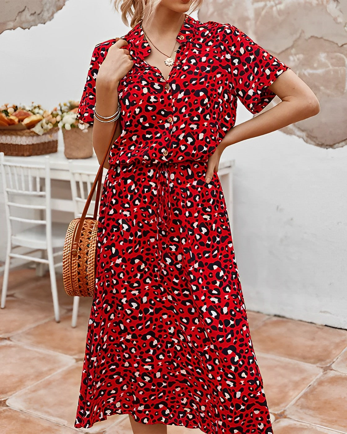Women's Midi Dress - Button Down - Short Sleeve - Tie Waist - Flowy Lightweight Fit