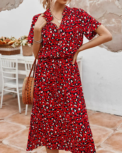 Women's Midi Dress - Button Down - Short Sleeve - Tie Waist - Flowy Lightweight Fit