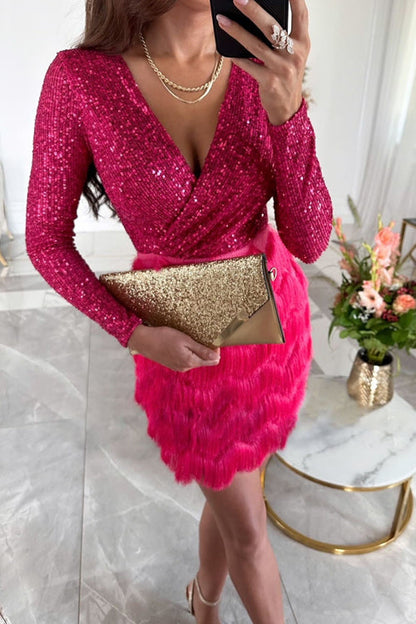 Women's Mini Dress - V-Neck Sequin Bodice - Long Sleeve - Fringe Skirt Partywear