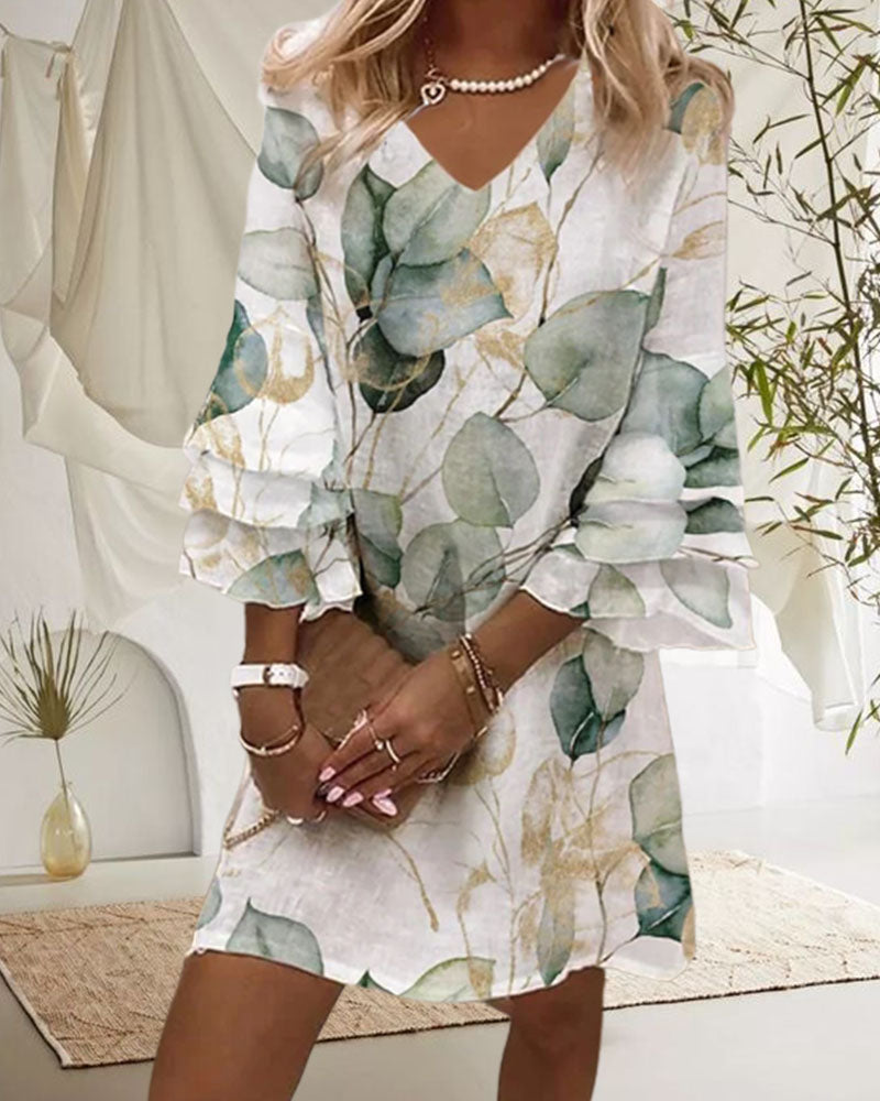 Women's Dress - V-Neck - Long Sleeve Ruffle Detail - Floral Print - Loose Fit Short Length