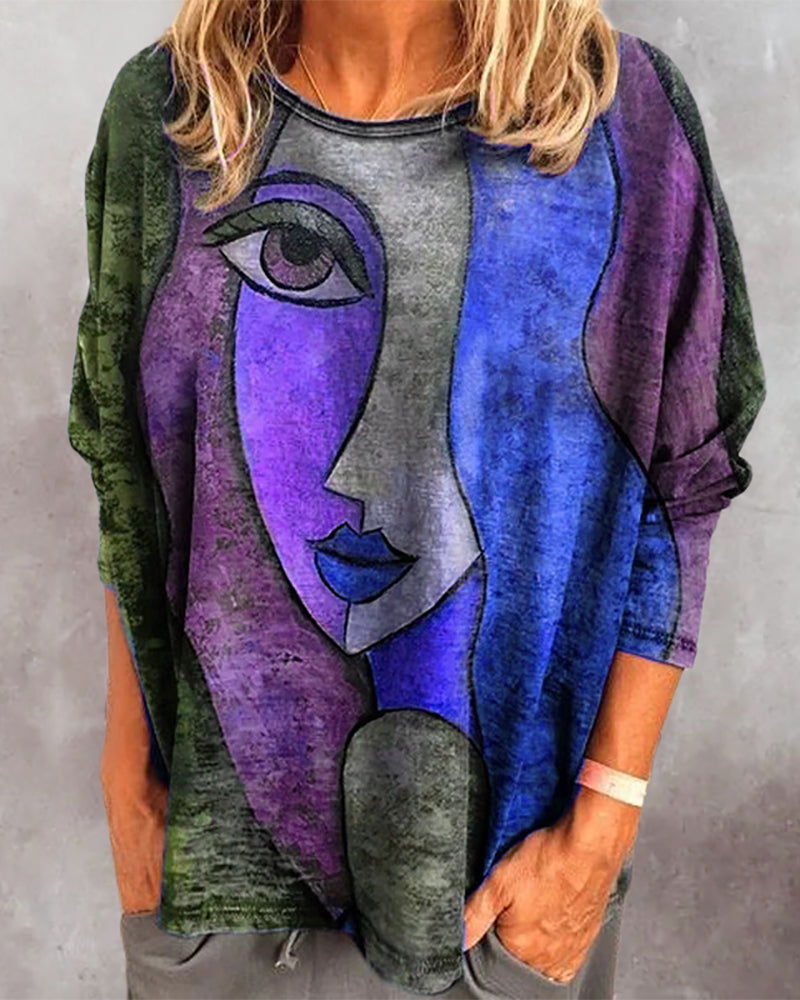 Women's Oversized Sweatshirt - Artistic Face Print - Long Sleeve Casual Wear