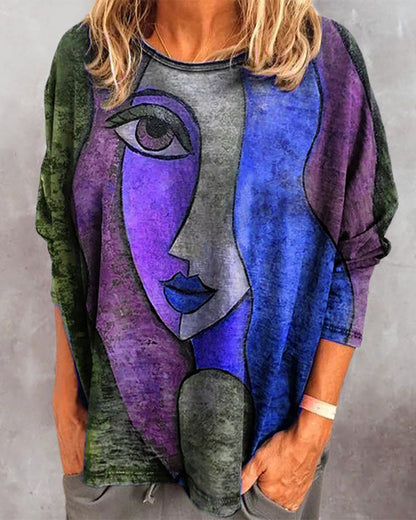 Women's Oversized Sweatshirt - Artistic Face Print - Long Sleeve Casual Wear