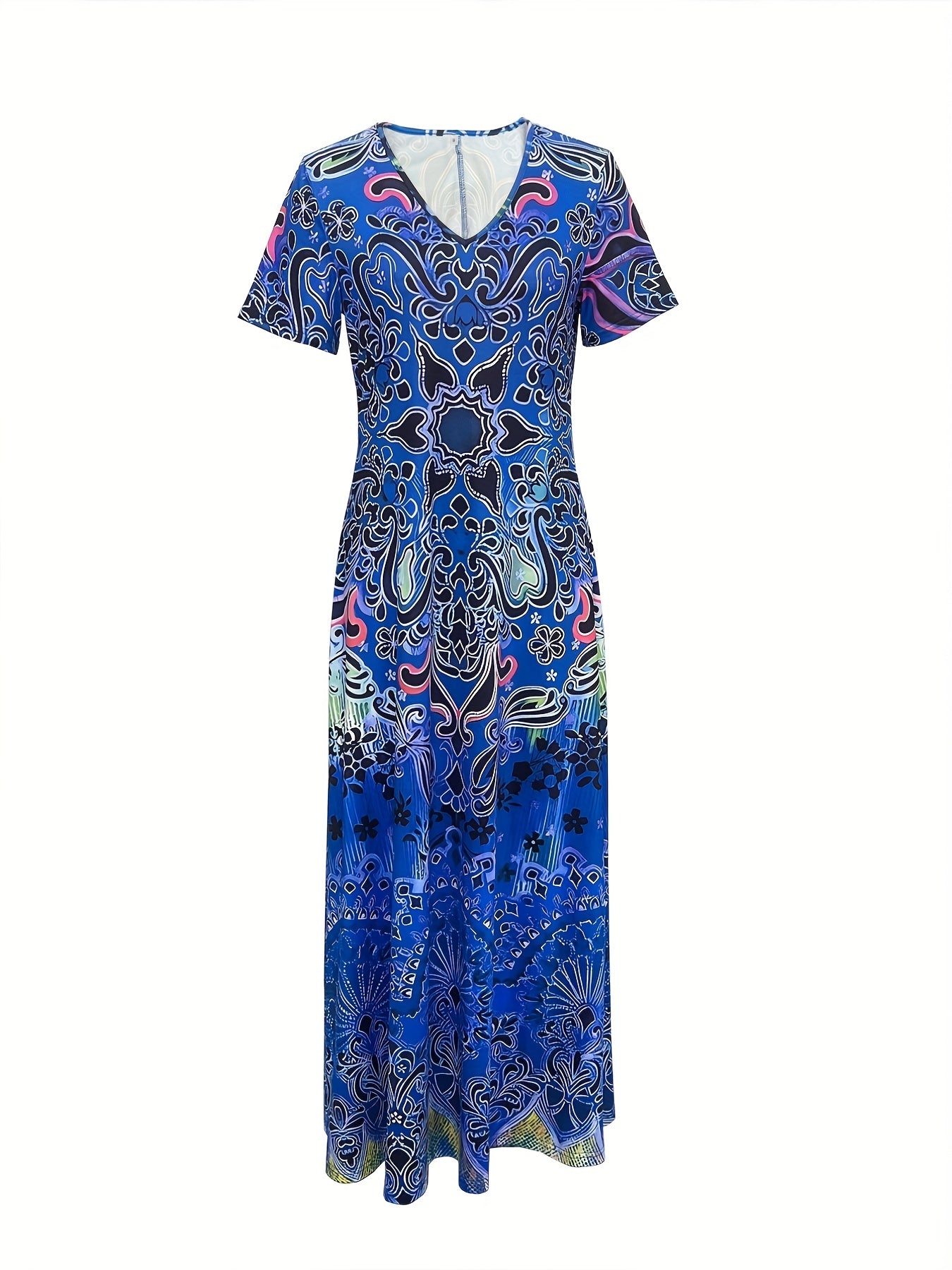 Women's Maxi Dress - V-Neck - Short Sleeve - Bohemian Print - Relaxed Fit