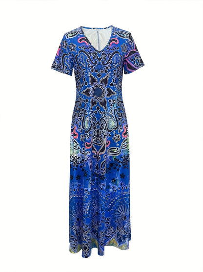 Women's Maxi Dress - V-Neck - Short Sleeve - Bohemian Print - Relaxed Fit