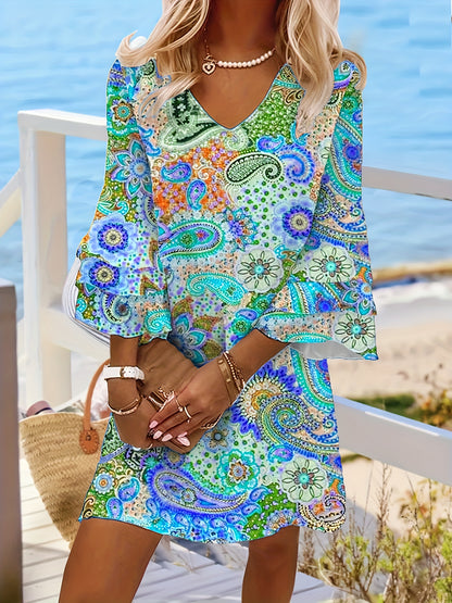 Women's Bohemian Dress - V-Neck - Bell Sleeve - Flowy Lightweight Casual Wear
