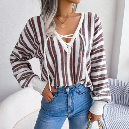 Women’s Knit Sweater - V-Neck Lace-Up - Long Sleeve - Striped Relaxed Fit Casual Wear