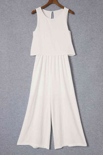 Women's Sleeveless Jumpsuit - Wide Leg - Relaxed Fit - Round Neck Flowy Design