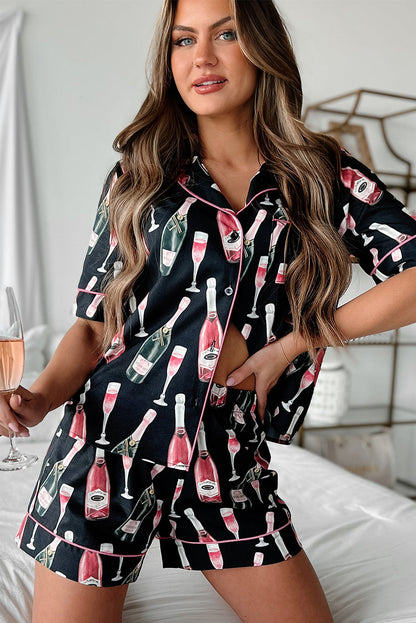 Women's Pajama Set - Short Sleeve Button-Up - Collared Top & Shorts - Lounge Wear